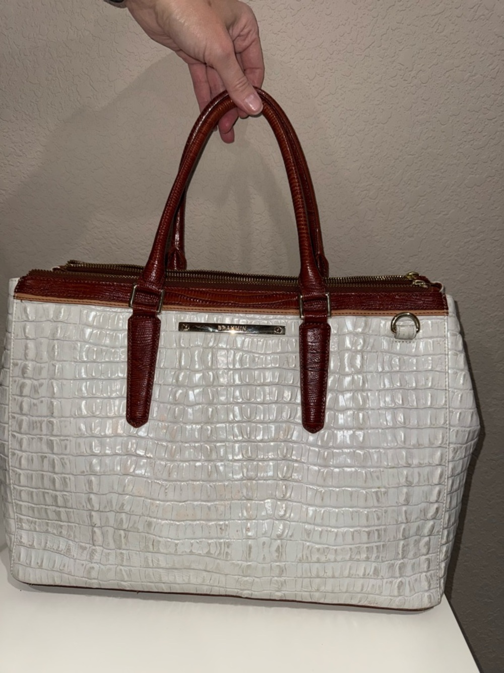 Brahmin White Croc-Embossed Satchel with Brown Trim